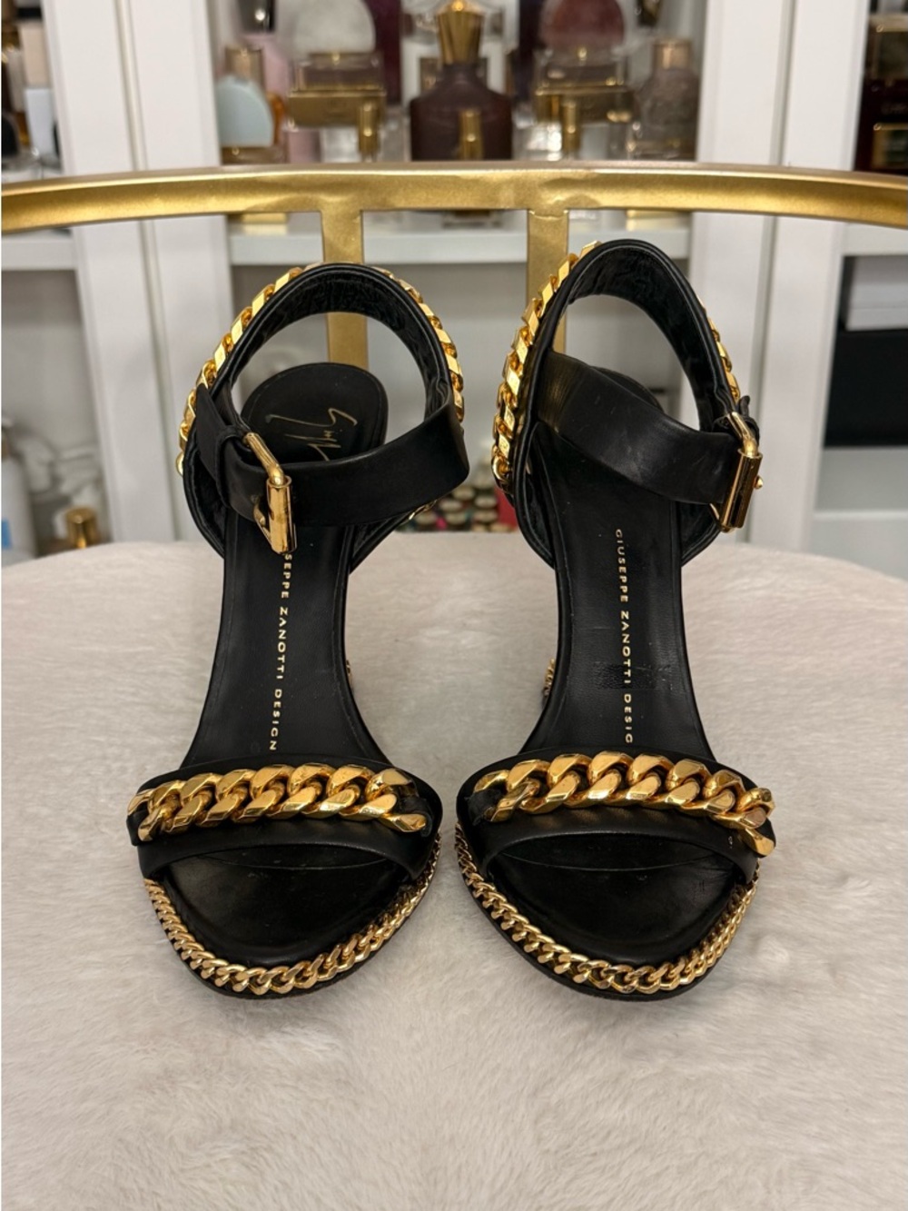 Giuseppe Zanotti Black Leather Heels with Gold Chain Trim